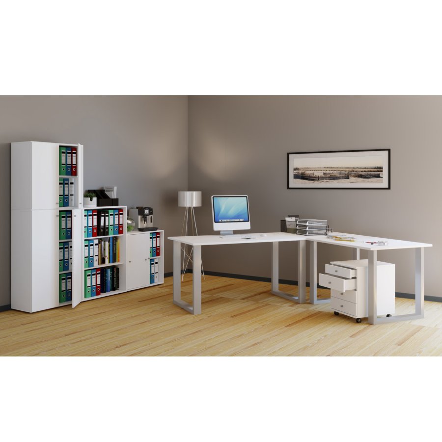 Lona U-feet hjrneskrivebord - hvid tr og slvgr metal (160x160x50)