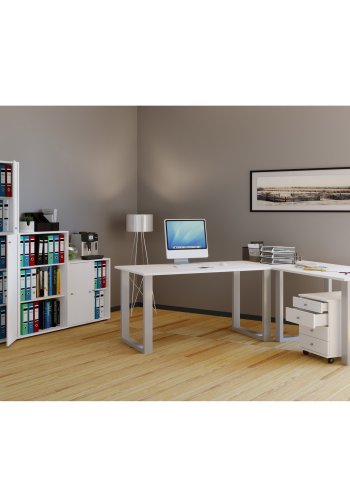 Lona U-feet hjrneskrivebord - hvid tr og slvgr metal (190x130x50)