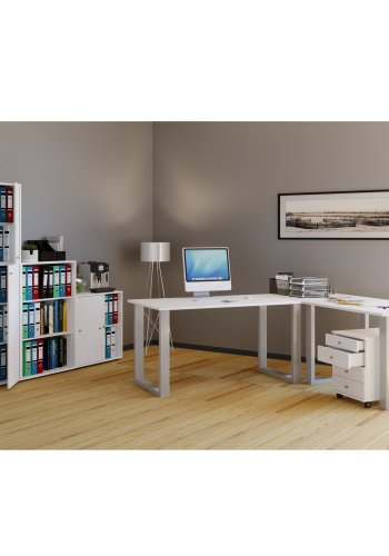 Lona U-feet hjrneskrivebord - hvid tr og slvgr metal (190x190x50)