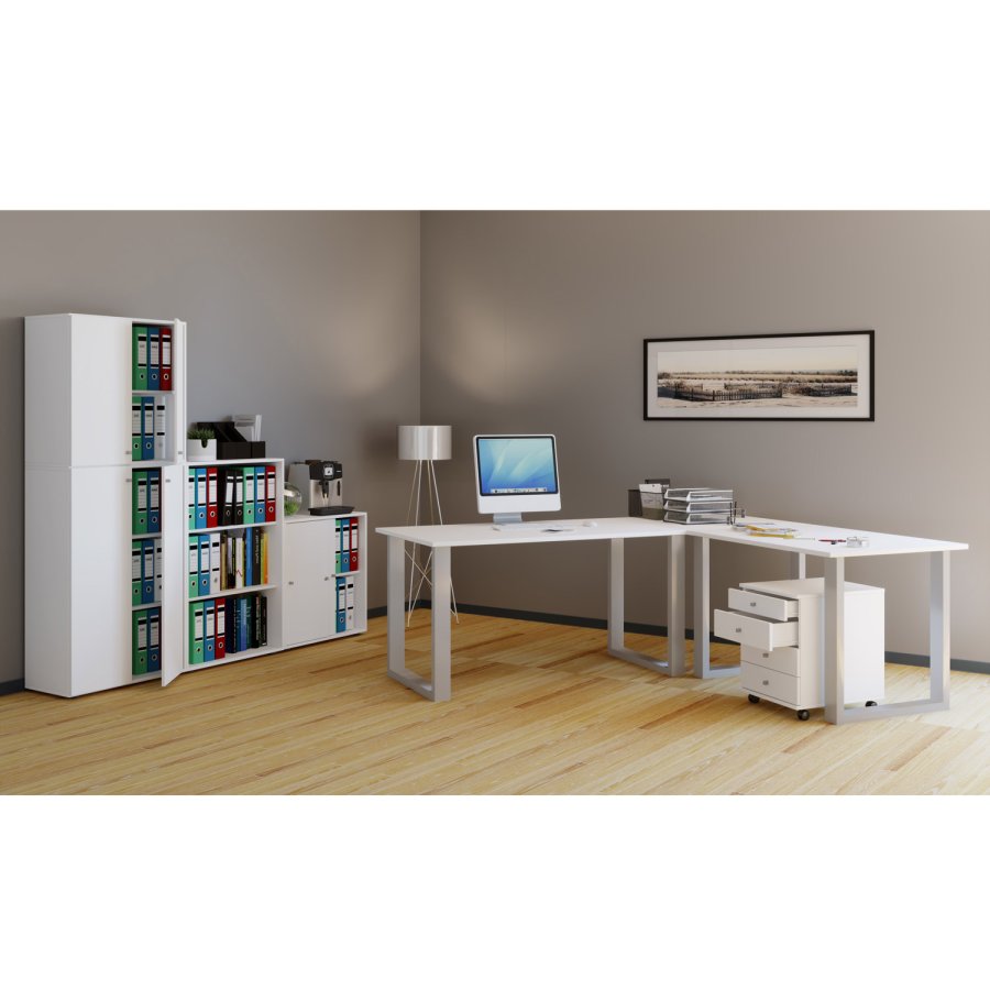 Lona U-feet hjrneskrivebord - hvid tr og slvgr metal (190x160x80)