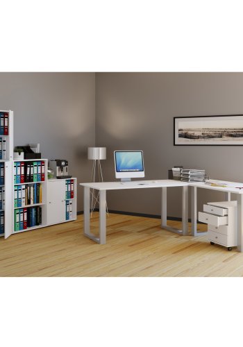 Lona U-feet hjrneskrivebord - hvid tr og slvgr metal (190x190x80)