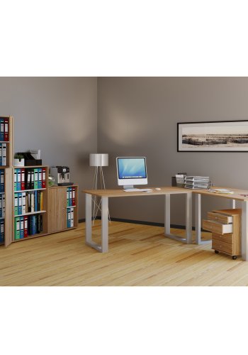 Lona U-feet hjrneskrivebord - natur tr og slvgr metal (220x190x80)