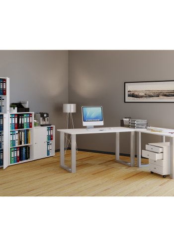 Lona U-feet hjrneskrivebord - hvid tr og slvgr metal (220x220x80)