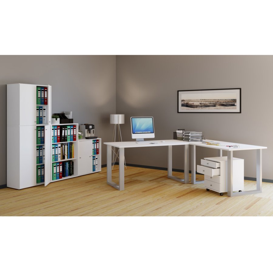 Lona U-feet hjrneskrivebord - hvid tr og slvgr metal (220x220x80)