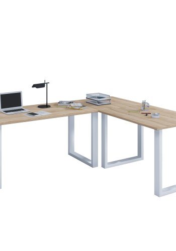 Lona U-feet hjrneskrivebord - natur tr og hvid metal (130x130x50)