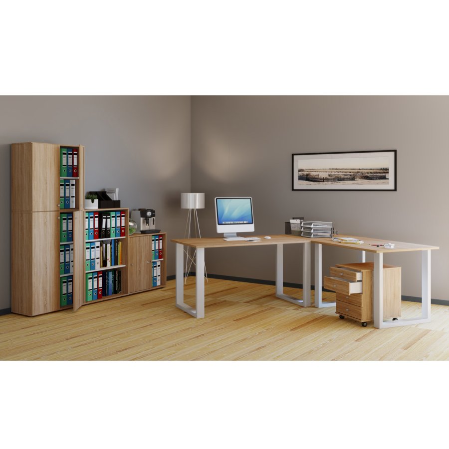 Lona U-feet hjrneskrivebord - natur tr og hvid metal (160x130x50)