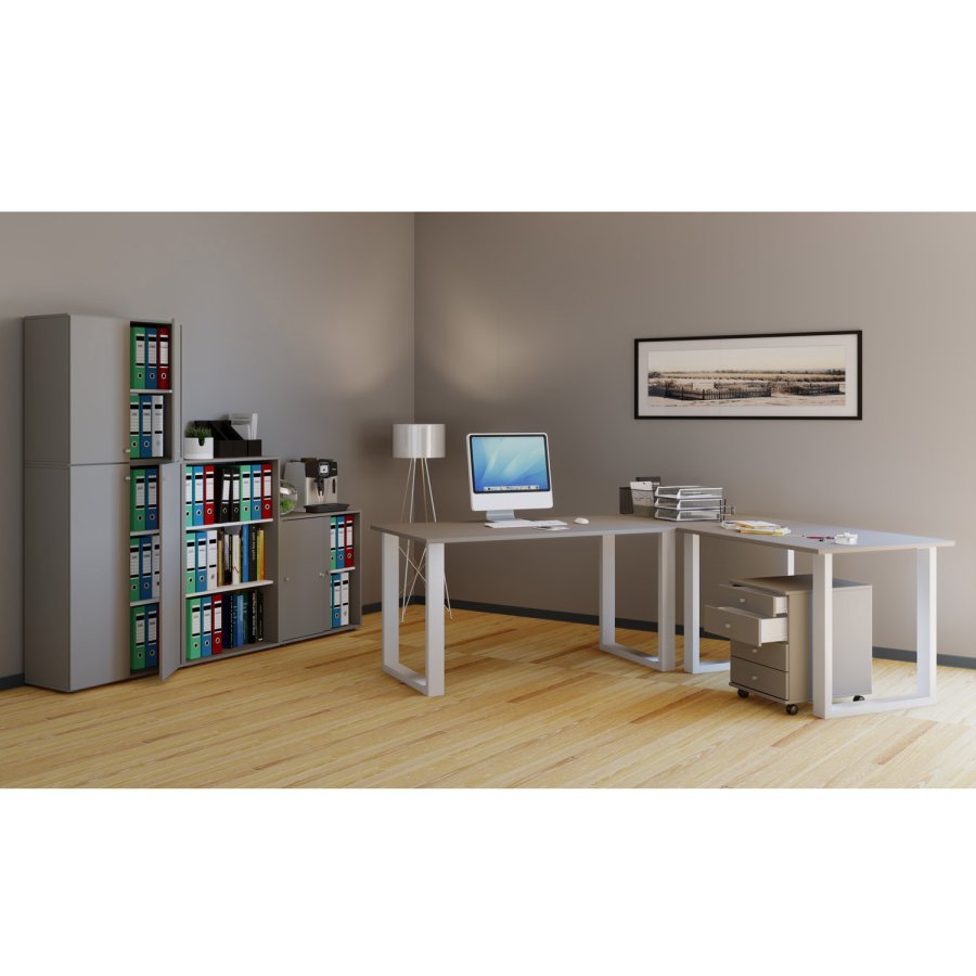 Lona U-feet hjrneskrivebord - gr tr og hvid metal (160x130x50)