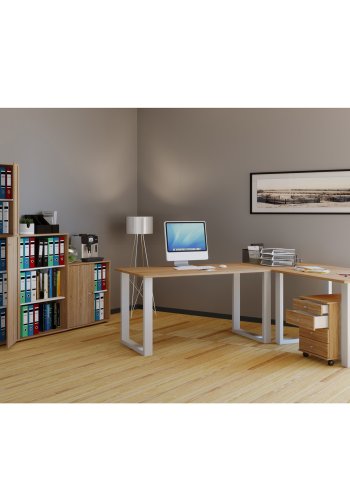 Lona U-feet hjrneskrivebord - natur tr og hvid metal (160x160x50)