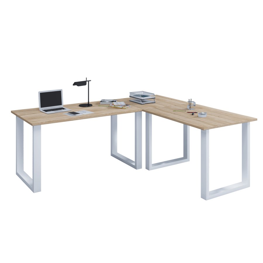 Lona U-feet hjrneskrivebord - natur tr og hvid metal (190x190x80) 