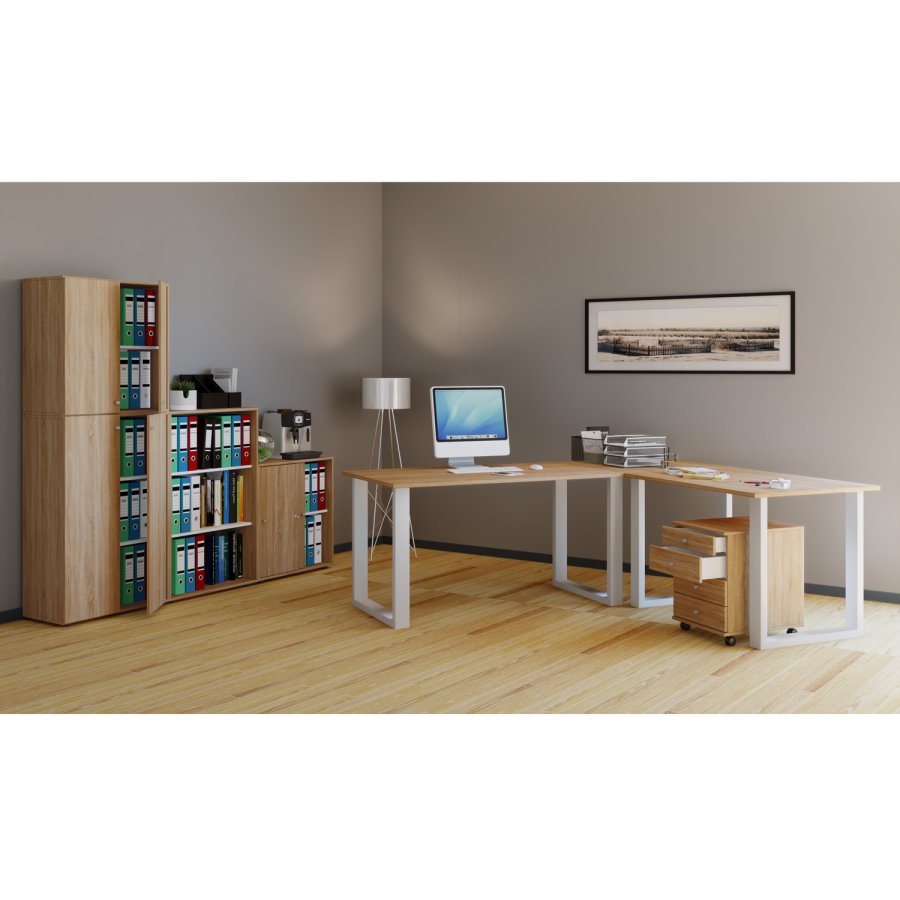 Lona U-feet hjrneskrivebord - natur tr og hvid metal (190x190x80) 