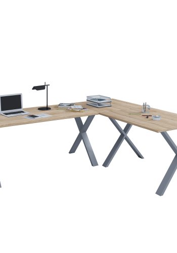 Lona X-feet hjrneskrivebord - natur tr og slvgr metal (130x130x50)