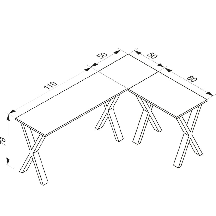 Lona X-feet hjrneskrivebord - hvid tr og slvgr metal (160x130x50)
