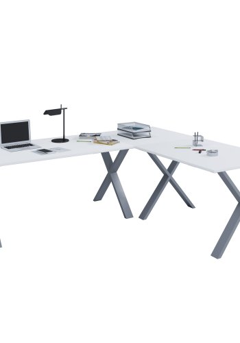 Lona X-feet hjrneskrivebord - hvid tr og slvgr metal (160x130x50)