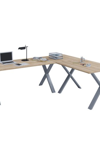 Lona X-feet hjrneskrivebord - natur tr og slvgr metal (160x130x50)