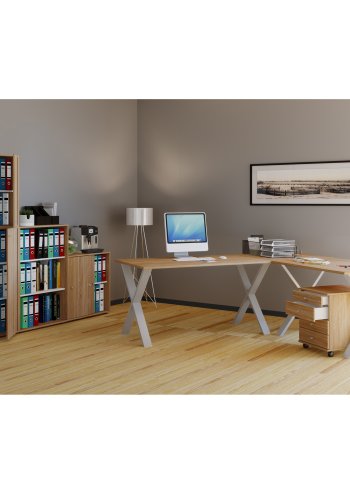 Lona X-feet hjrneskrivebord - natur tr og slvgr metal (160x130x50)