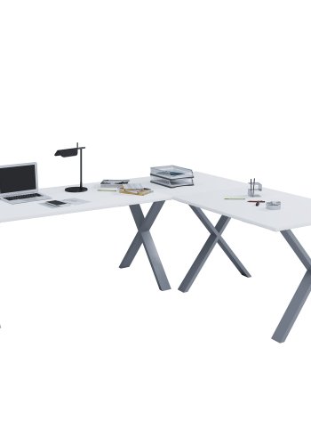 Lona X-feet hjrneskrivebord - hvid tr og slvgr metal (160x160x50)