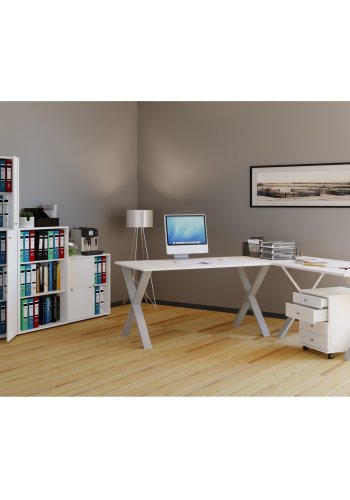 Lona X-feet hjrneskrivebord - hvid tr og slvgr metal (160x160x50)