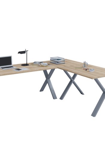 Lona X-feet hjrneskrivebord - natur tr og slvgr metal (160x160x50)