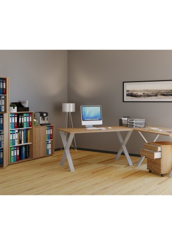 Lona X-feet hjrneskrivebord - natur tr og slvgr metal (160x160x50)