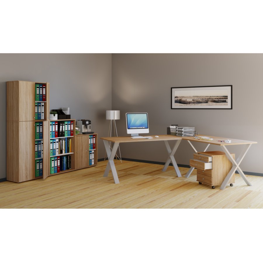 Lona X-feet hjrneskrivebord - natur tr og slvgr metal (160x160x50)