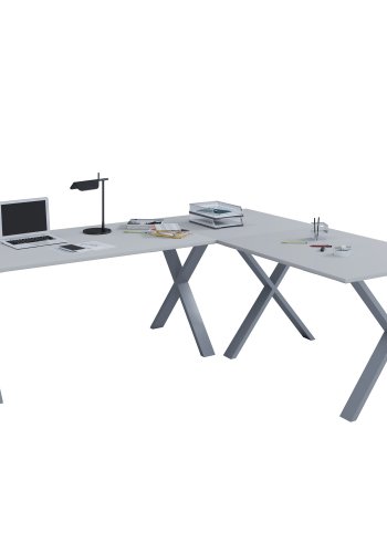 Lona X-feet hjrneskrivebord - gr tr og slvgr metal (160x160x50)