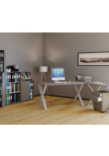 Lona X-feet hjrneskrivebord - gr tr og slvgr metal (160x160x50)