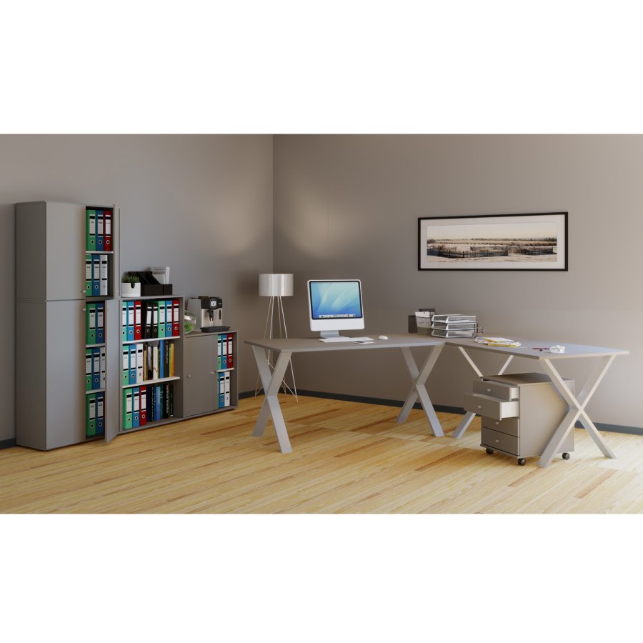 Lona X-feet hjrneskrivebord - gr tr og slvgr metal (160x160x50)