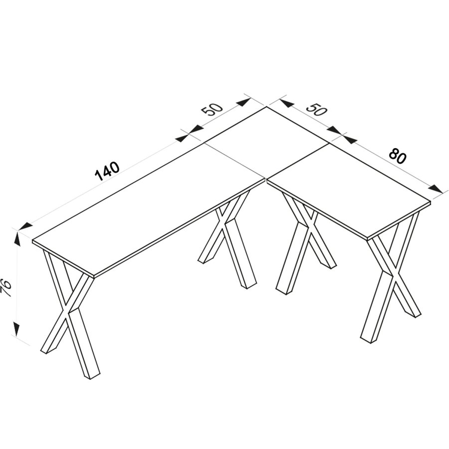 Lona X-feet hjrneskrivebord - hvid tr og slvgr metal (190x130x50)