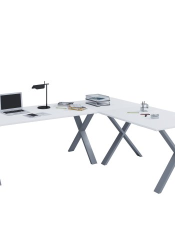 Lona X-feet hjrneskrivebord - hvid tr og slvgr metal (190x130x50)