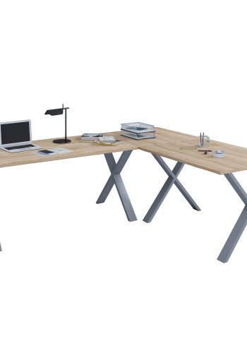 Lona X-feet hjrneskrivebord - natur tr og slvgr metal (190x130x50)