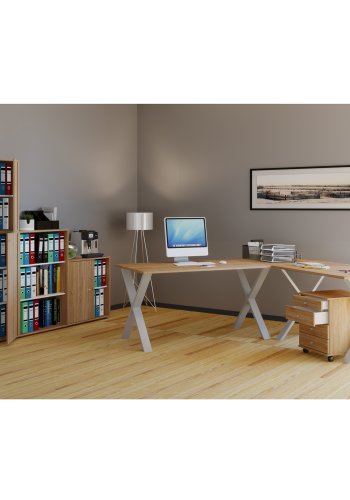 Lona X-feet hjrneskrivebord - natur tr og slvgr metal (190x130x50)