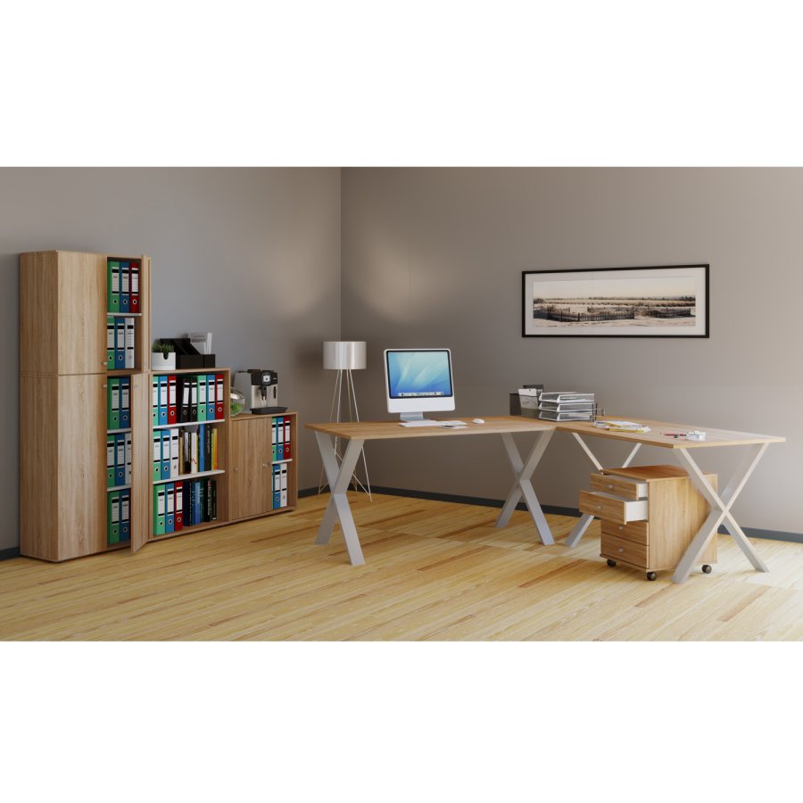 Lona X-feet hjrneskrivebord - natur tr og slvgr metal (190x130x50)