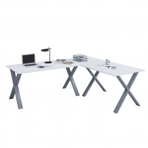 Lona X-feet hjrneskrivebord - hvid tr og slvgr metal (190x160x50) 