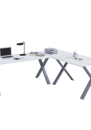 Lona X-feet hjrneskrivebord - hvid tr og slvgr metal (190x160x50) 