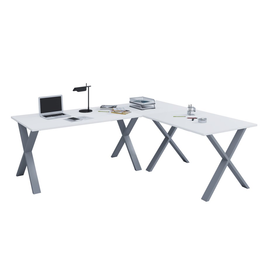 Lona X-feet hjrneskrivebord - hvid tr og slvgr metal (190x160x50) 