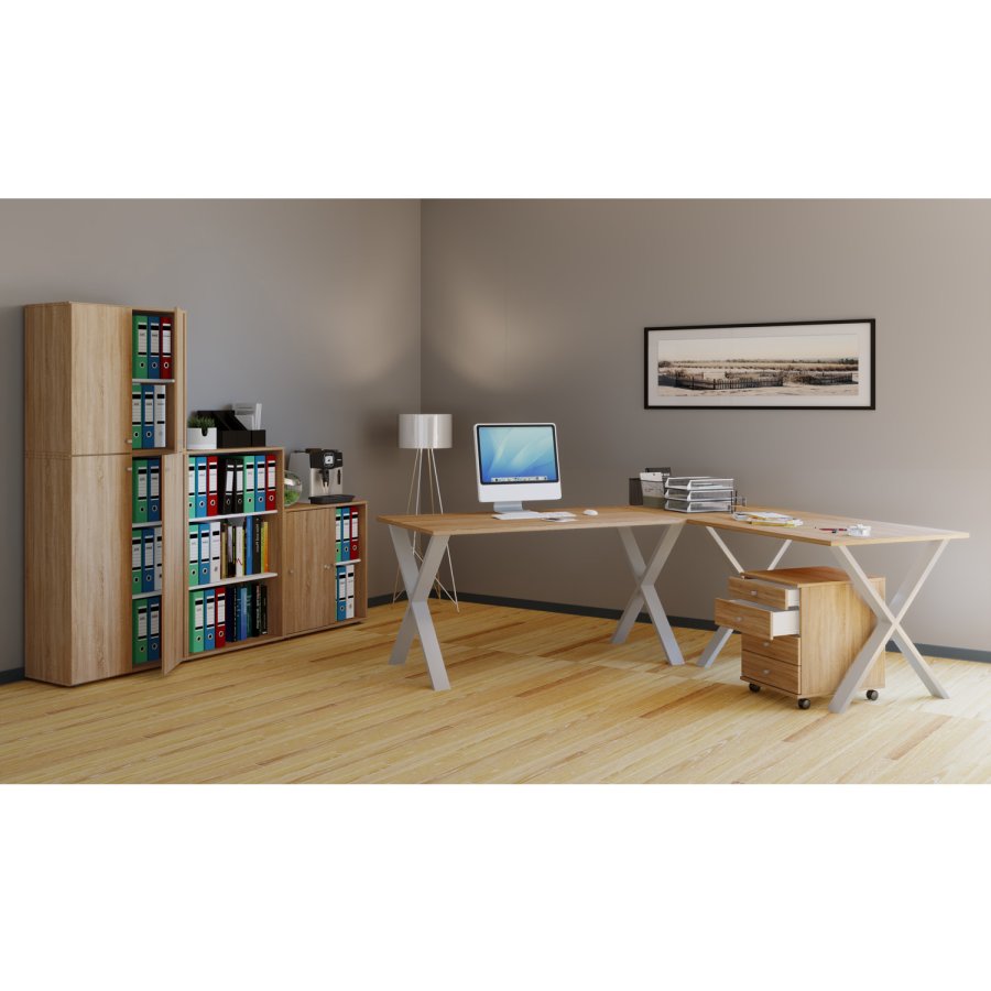 Lona X-feet hjrneskrivebord - natur tr og slvgr metal (190x160x50)