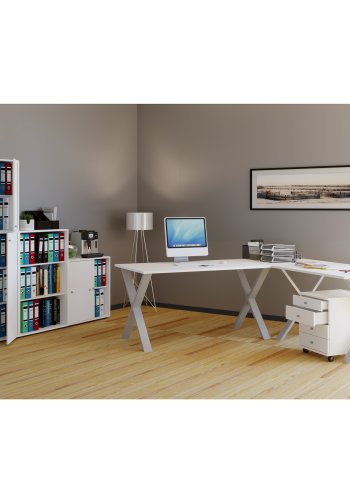 Lona X-feet hjrneskrivebord - hvid tr og slvgr metal (190x190x50)