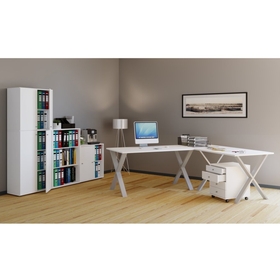 Lona X-feet hjrneskrivebord - hvid tr og slvgr metal (190x190x50)