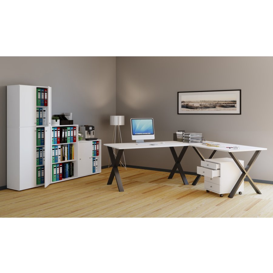 Lona X-feet hjrneskrivebord - hvid tr og sort metal (130x130x50) 