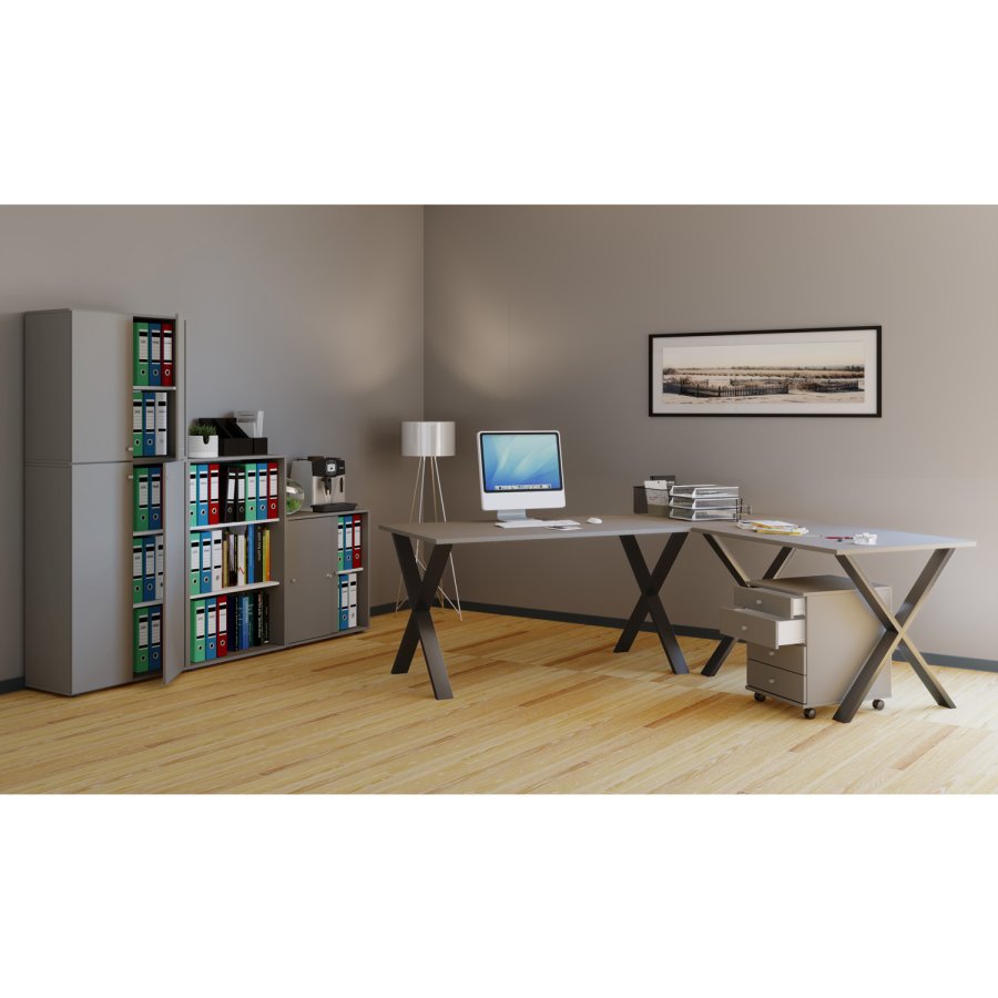 Lona X-feet hjrneskrivebord - gr tr og sort metal (160x130x50)