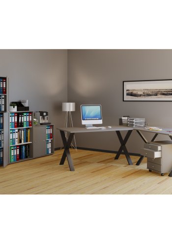 Lona X-feet hjrneskrivebord - gr tr og sort metal (160x160x50)