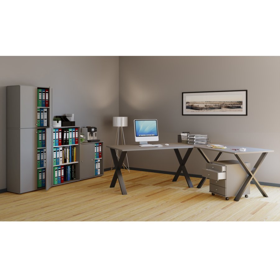 Lona X-feet hjrneskrivebord - gr tr og sort metal (160x160x50)