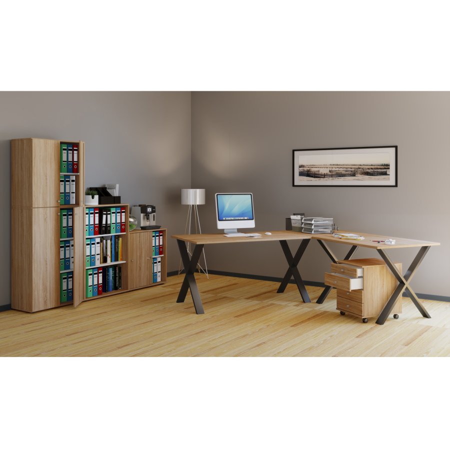 Lona X-feet hjrneskrivebord - natur tr og sort metal (190x130x50)