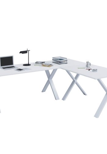 Lona X-feet hjrneskrivebord - hvid tr og metal (130x130x50)