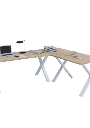 Lona X-feet hjrneskrivebord - natur tr og hvid metal (130x130x50)