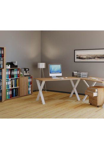 Lona X-feet hjrneskrivebord - natur tr og hvid metal (130x130x50)