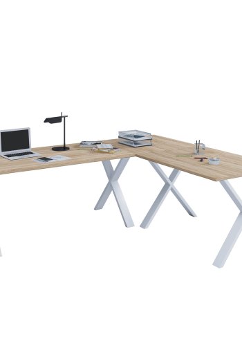 Lona X-feet hjrneskrivebord - natur tr og hvid metal (160x130x50)