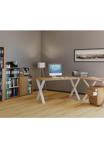 Lona X-feet hjrneskrivebord - natur tr og hvid metal (160x130x50)