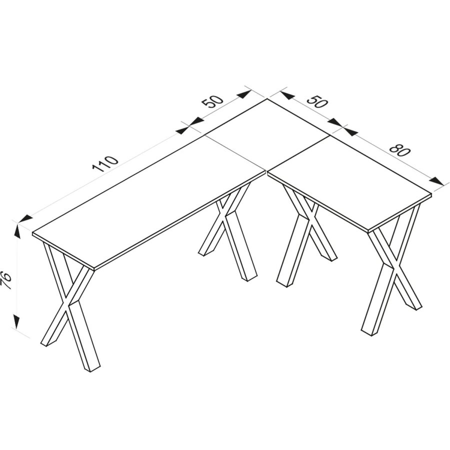 Lona X-feet hjrneskrivebord - gr tr og hvid metal (160x130x50)