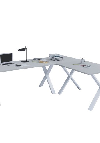 Lona X-feet hjrneskrivebord - gr tr og hvid metal (160x130x50)